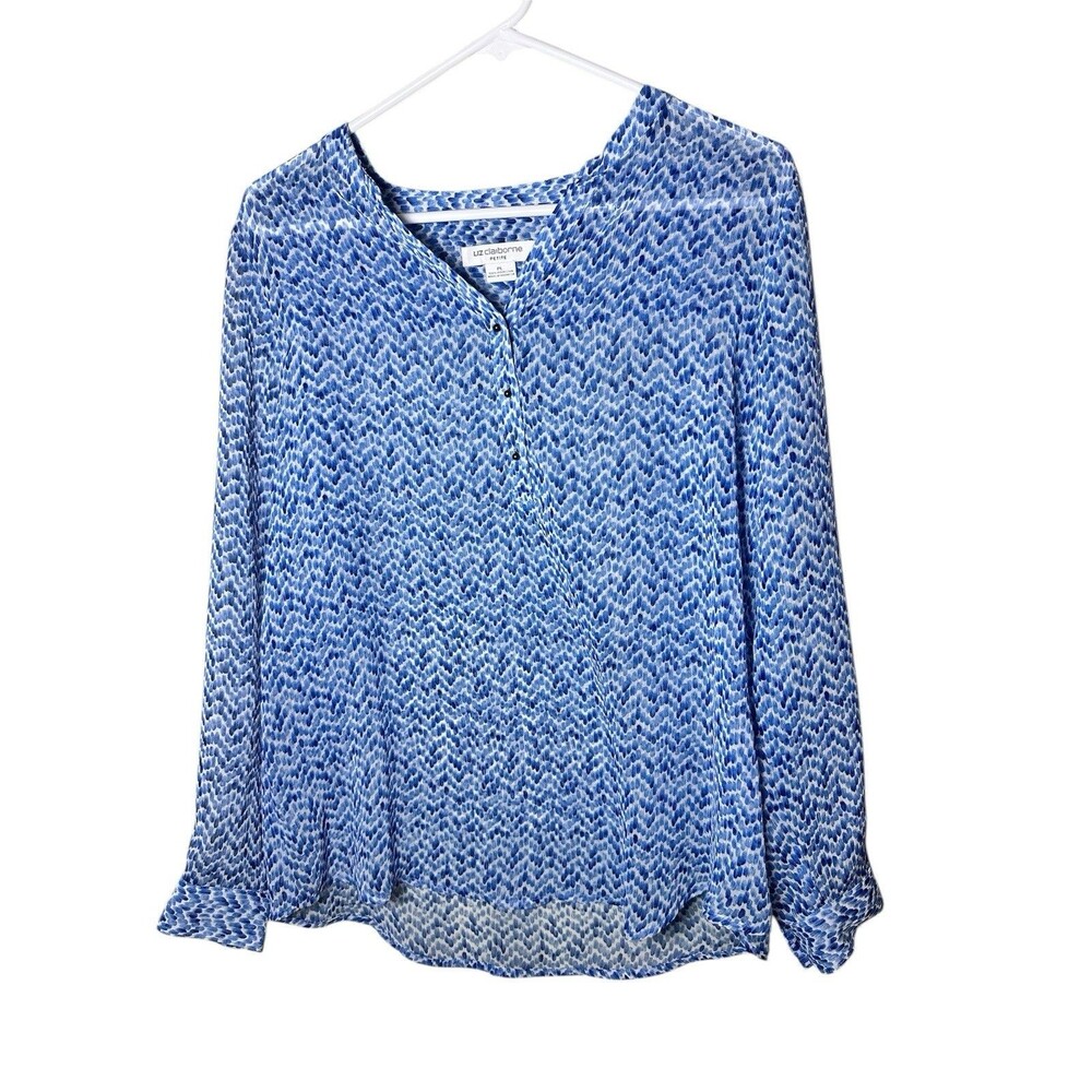 Liz Claiborne Women Spotted Sheer Long Sleeve Blouse Blue Petite Size PL